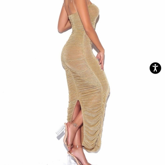 The Glint Gold Ruched Chiffon Long Maxi Dress - Picture 2 of 8